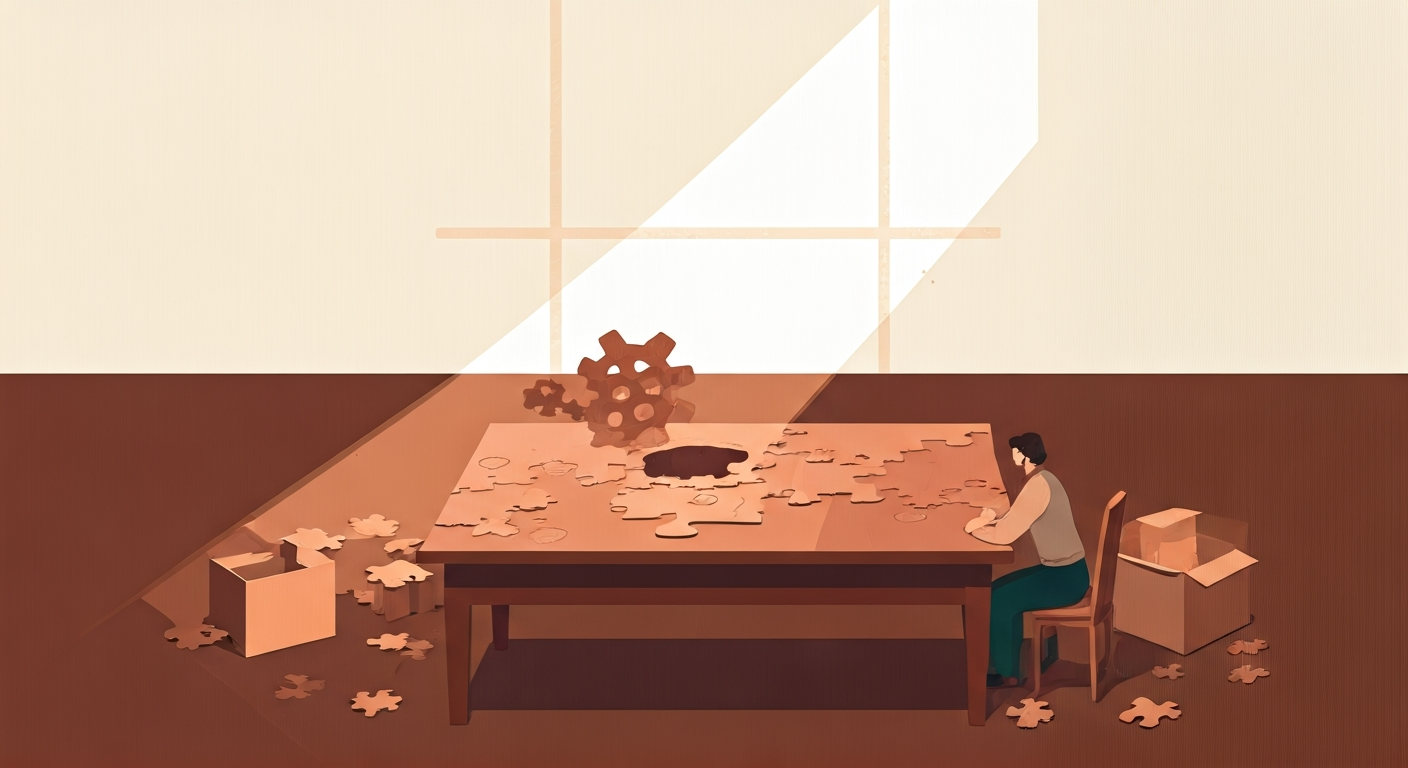 A quiet study with five differently shaped bookshelves each filled with an ordered collection, late afternoon light, one shelf glowing softly — flat editorial illustration