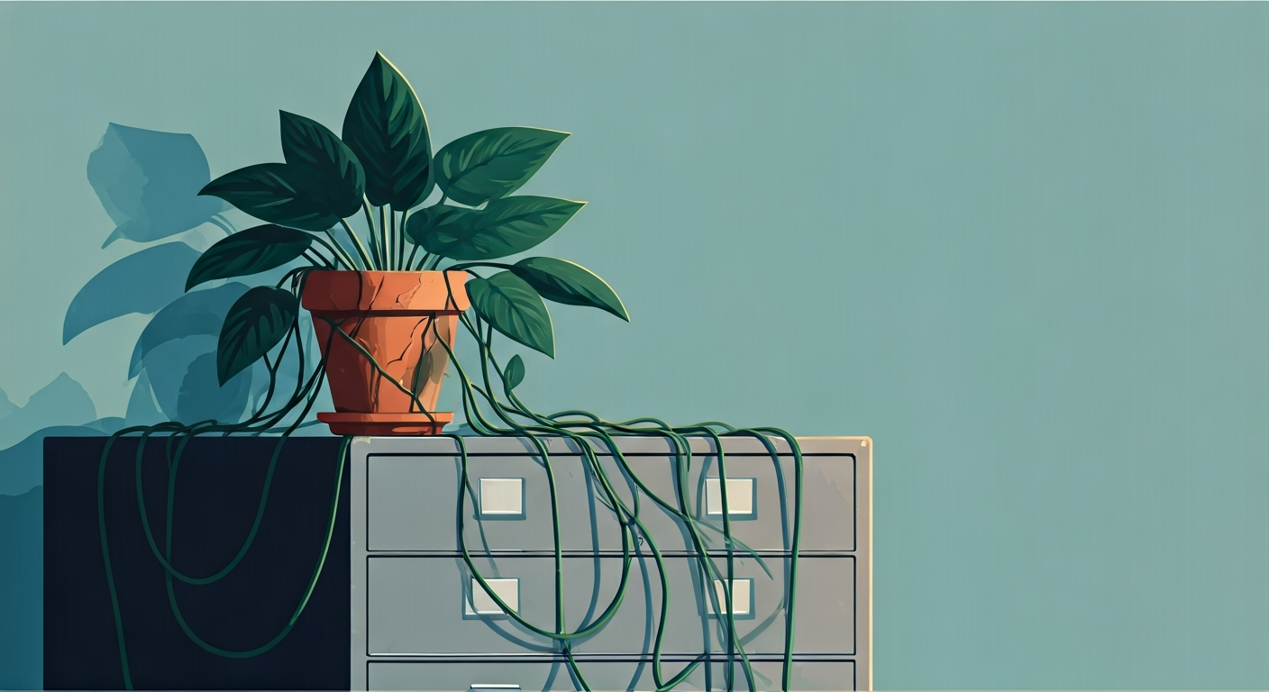 A single figure seated in dim space, posture folded inward, surrounded by scattered work items — flat abstract editorial illustration