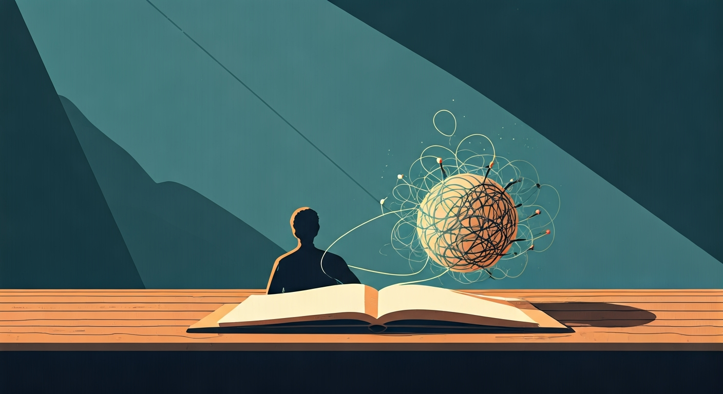 An abstract figure in motion, upright, in a bright expansive space — contrast to earlier slumped posture — flat illustration style