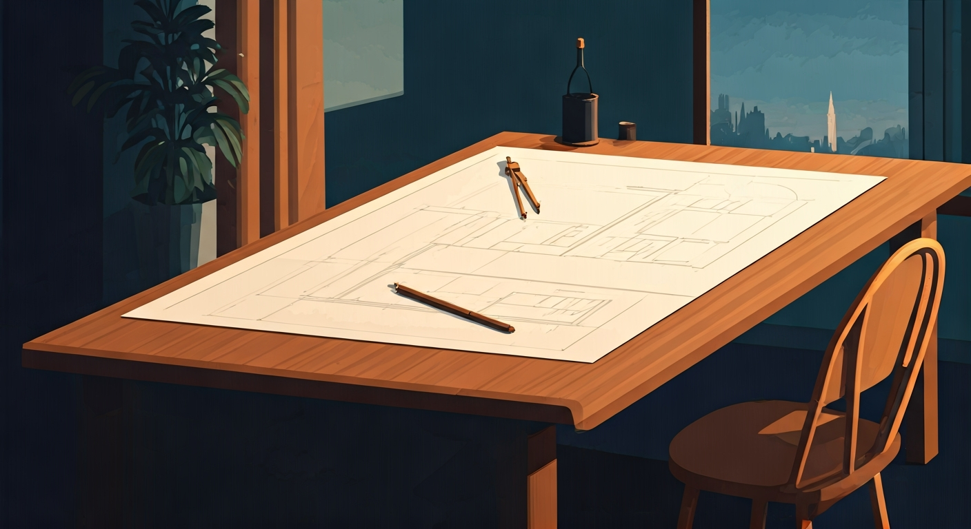 An abstract overhead view of a diverse group gathered around a shared surface, different figures contributing different shapes — flat editorial illustration