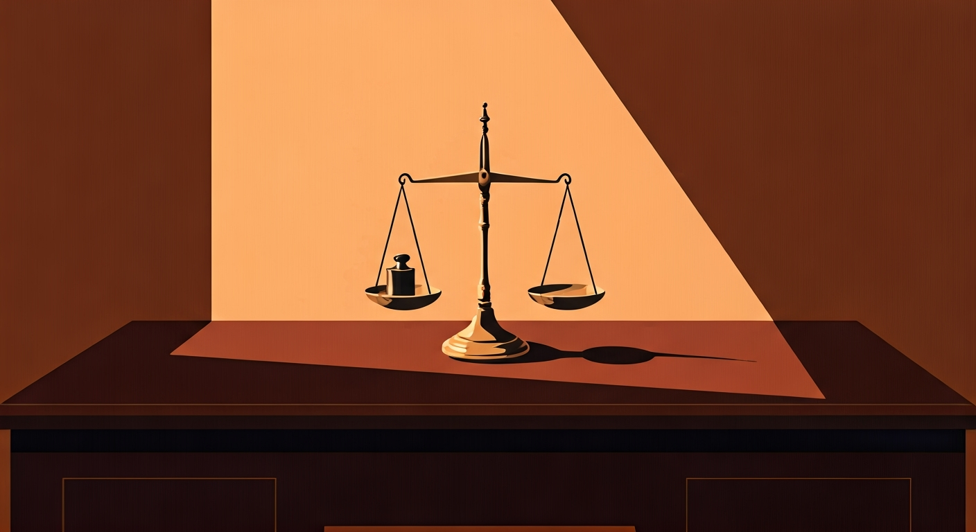 A figure working steadily at a large table covered in neatly arranged objects, light falling evenly across the workspace — calm, focused, flat 2D illustration