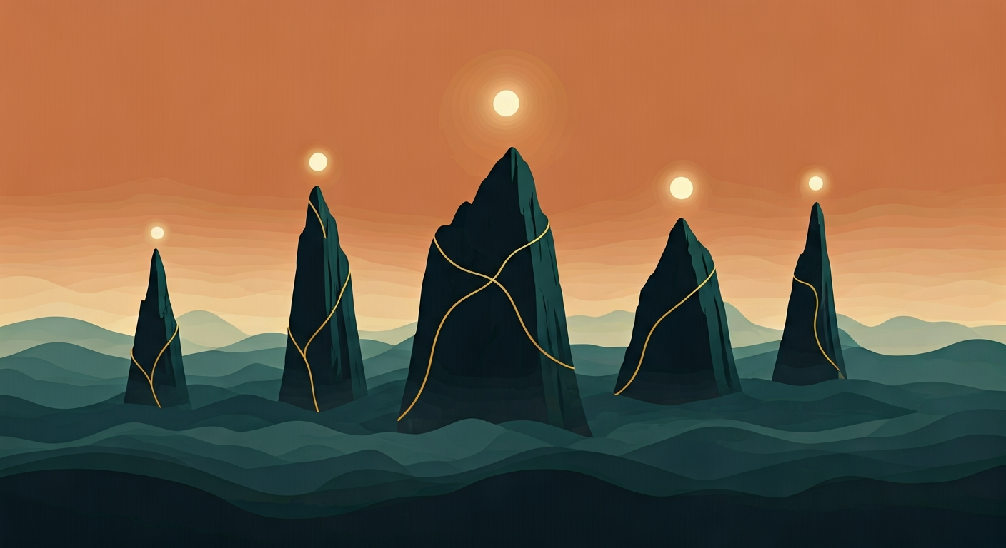 A figure at a crossroads with multiple paths ahead, calmly reading a set of clear visual signposts, flat warm 2D illustration