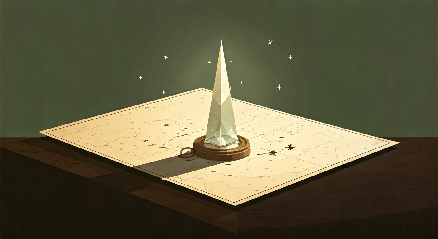 A person surrounded by six distinct zones — tools, charts, brushes, people, a podium, and a filing system — calmly standing at the centre, flat 2D illustration