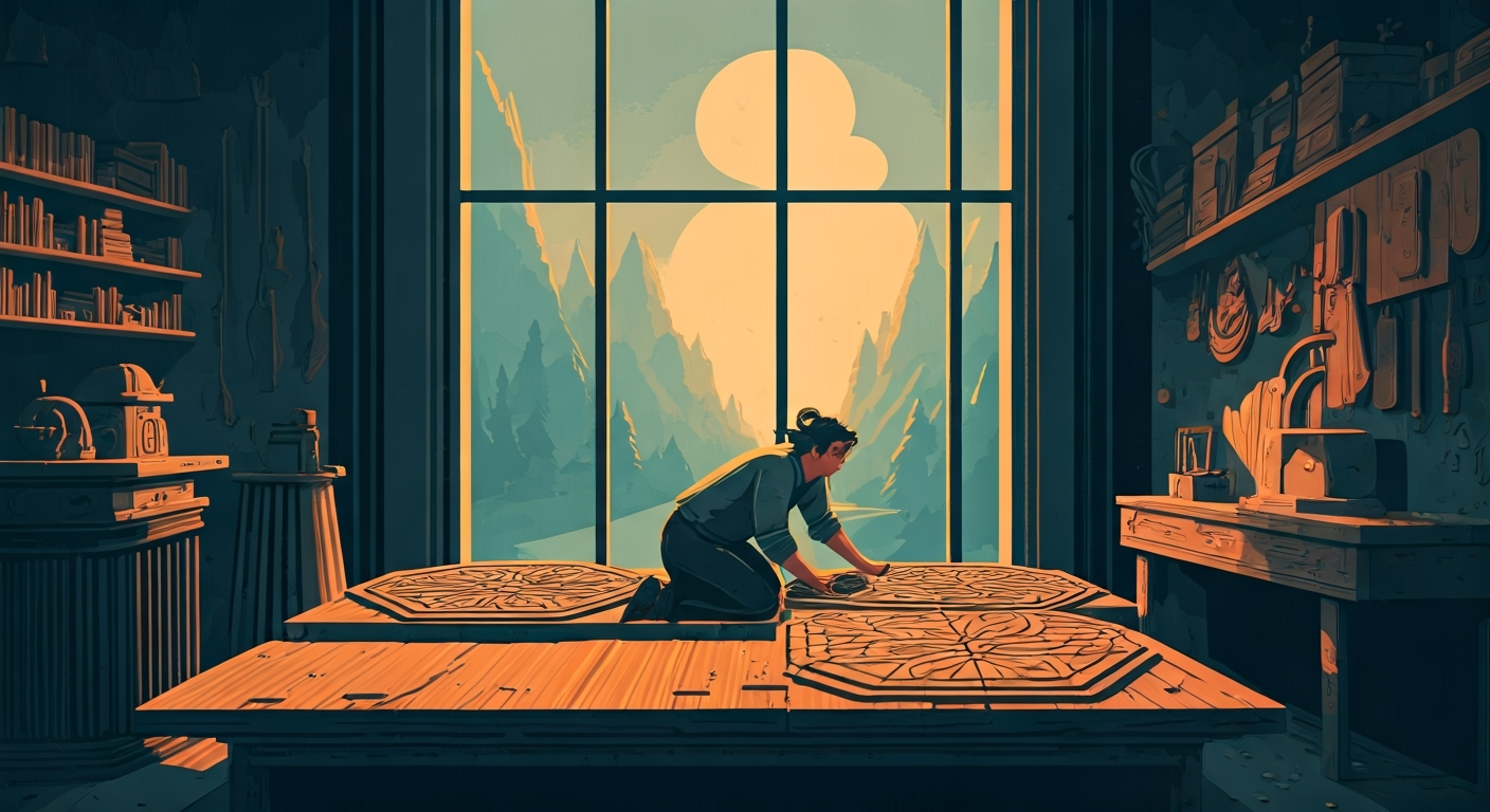 Two figures on opposite sides of a divided workspace, one surrounded by neat stacks, the other by scattered materials, both appearing frustrated — abstract flat illustration