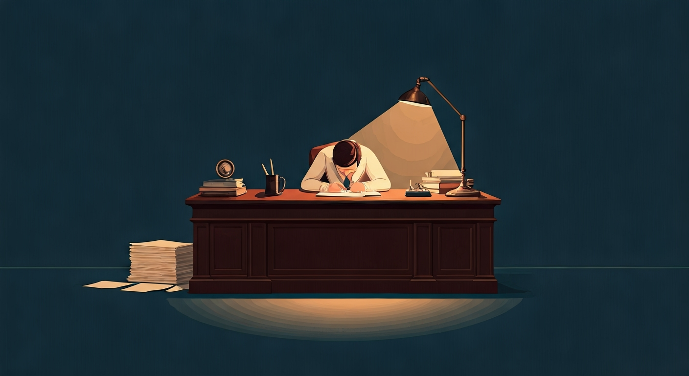 A figure standing across from another at a table, posture open but confident, the exchange represented abstractly — flat editorial illustration