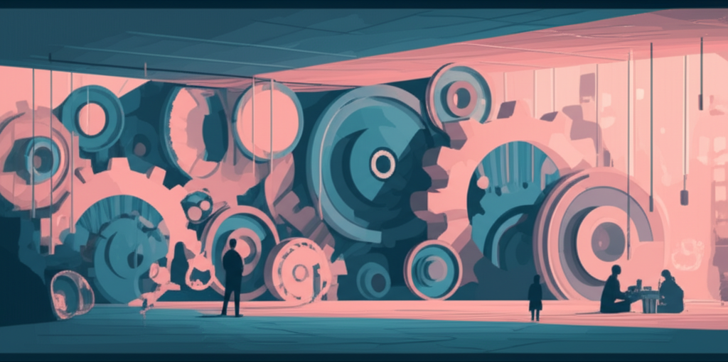 A complex gear mechanism with many cogs turning smoothly, representing the interconnected psychological mechanisms of diligence, order, and self-discipline driving productivity