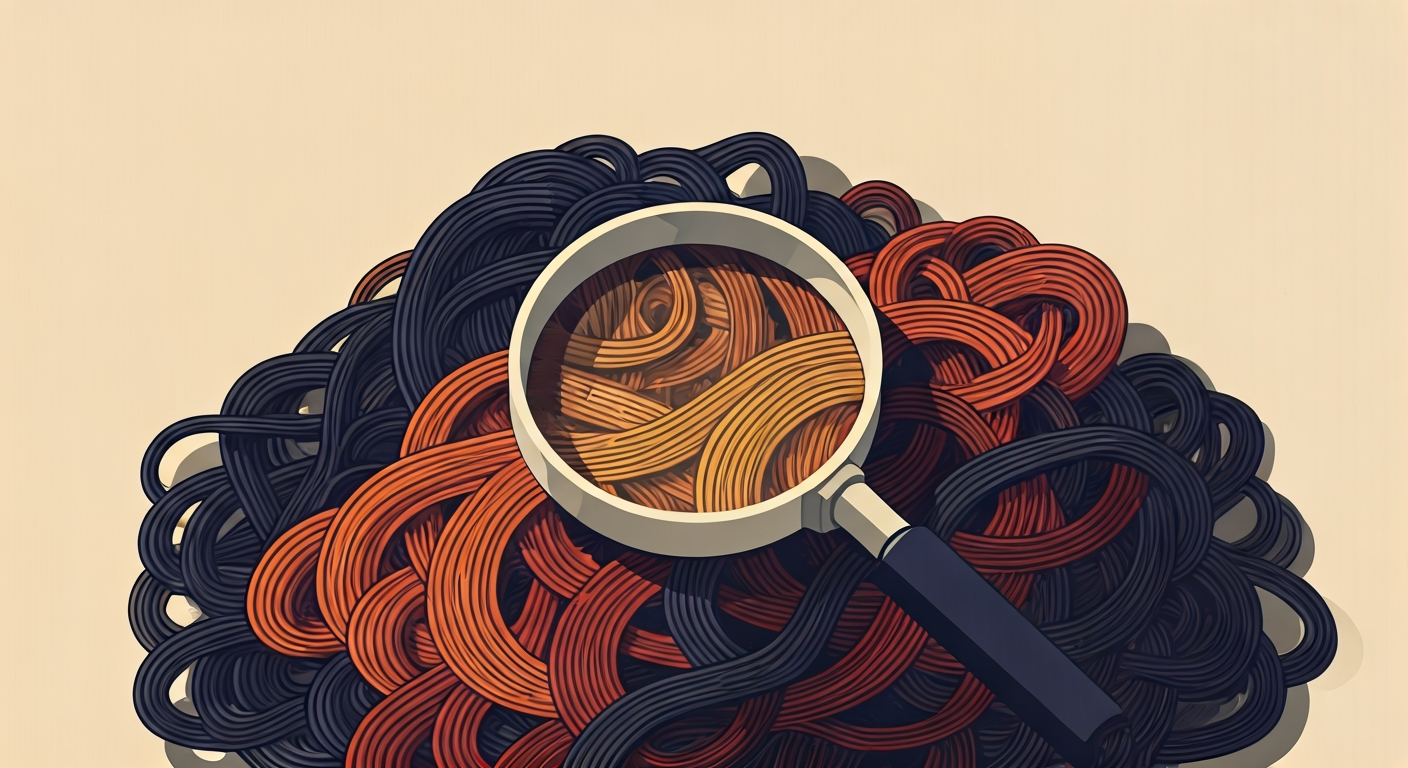 Two assessment tools side by side — one showing a list of named themes, the other showing a continuous spectrum — flat abstract editorial illustration