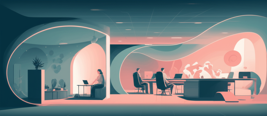 An abstract office space with diverse work settings: a quiet corner with a single figure focused on a screen, a collaborative table with a small group interacting, and a pathway connecting them, symbolizing harmonious co-existence.