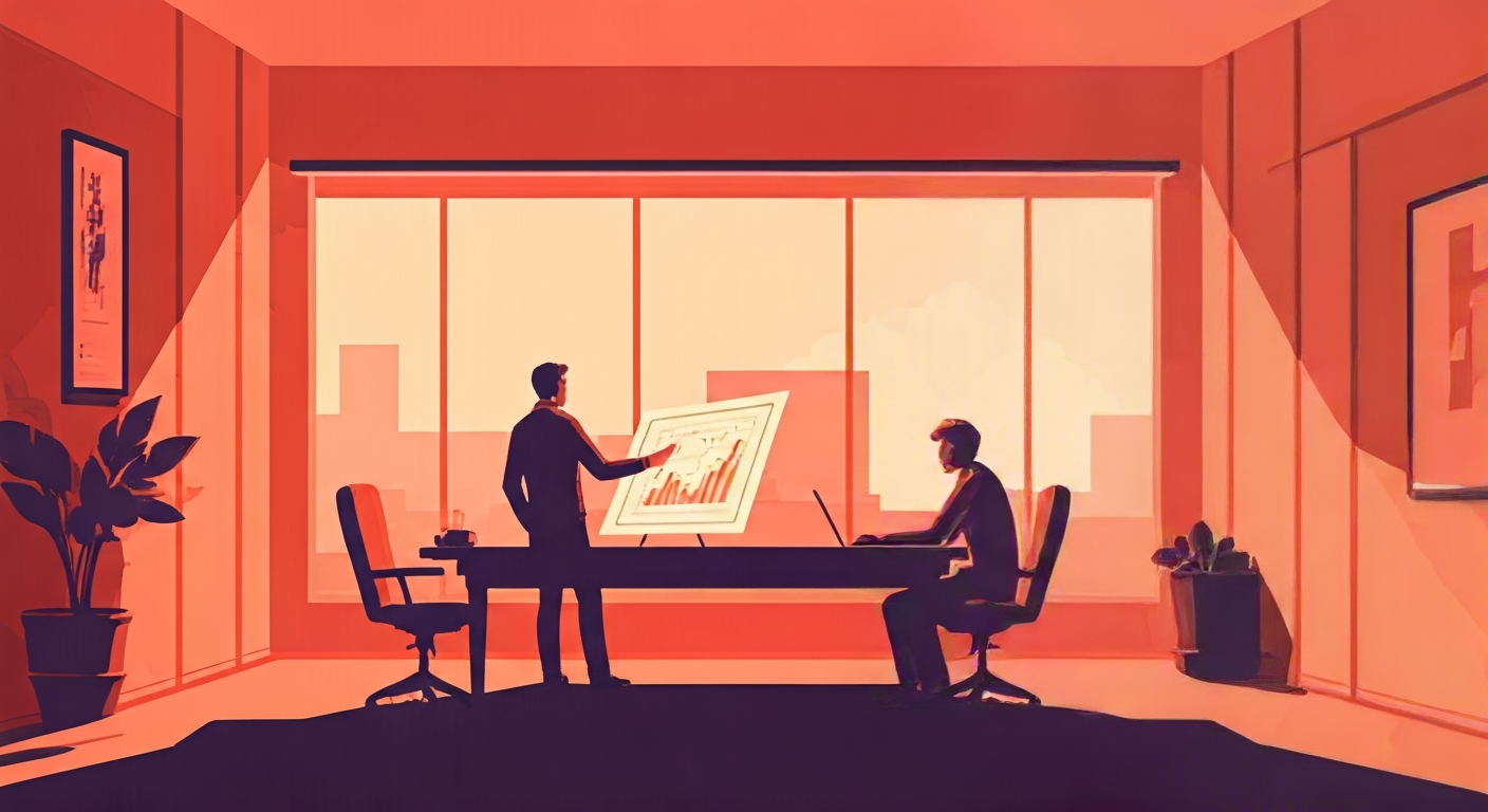 Two abstract figures at a negotiation table, one with a calm, assertive posture, clearly articulating a point while maintaining a respectful distance. A balanced scale is subtly visible in the background.