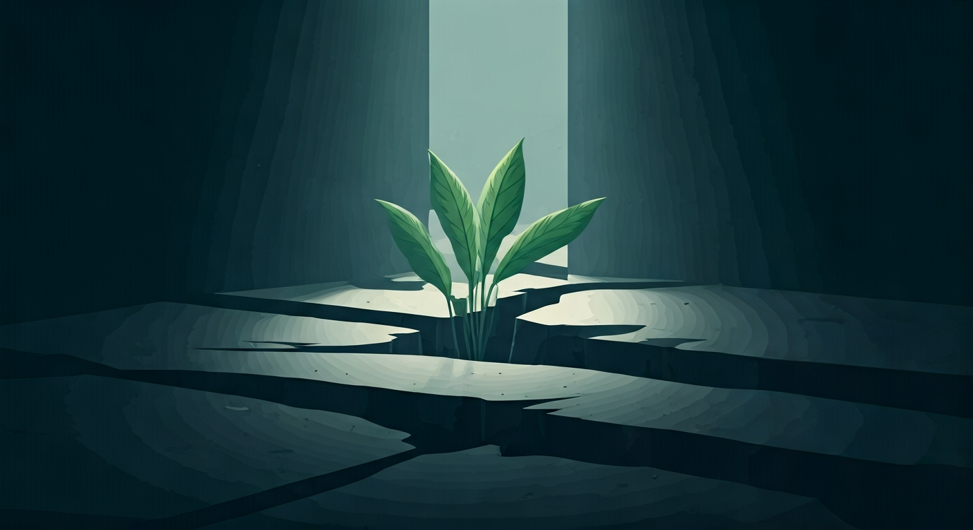 A lone figure standing at the front of a group in an open landscape, facing forward with calm composure, rendered in simplified flat illustration style