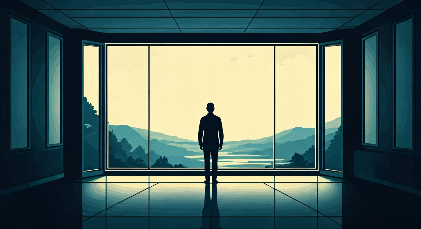 A figure at a table with several others, each leaning in with focus and openness, the central figure calmly holding space — flat abstract 2D illustration