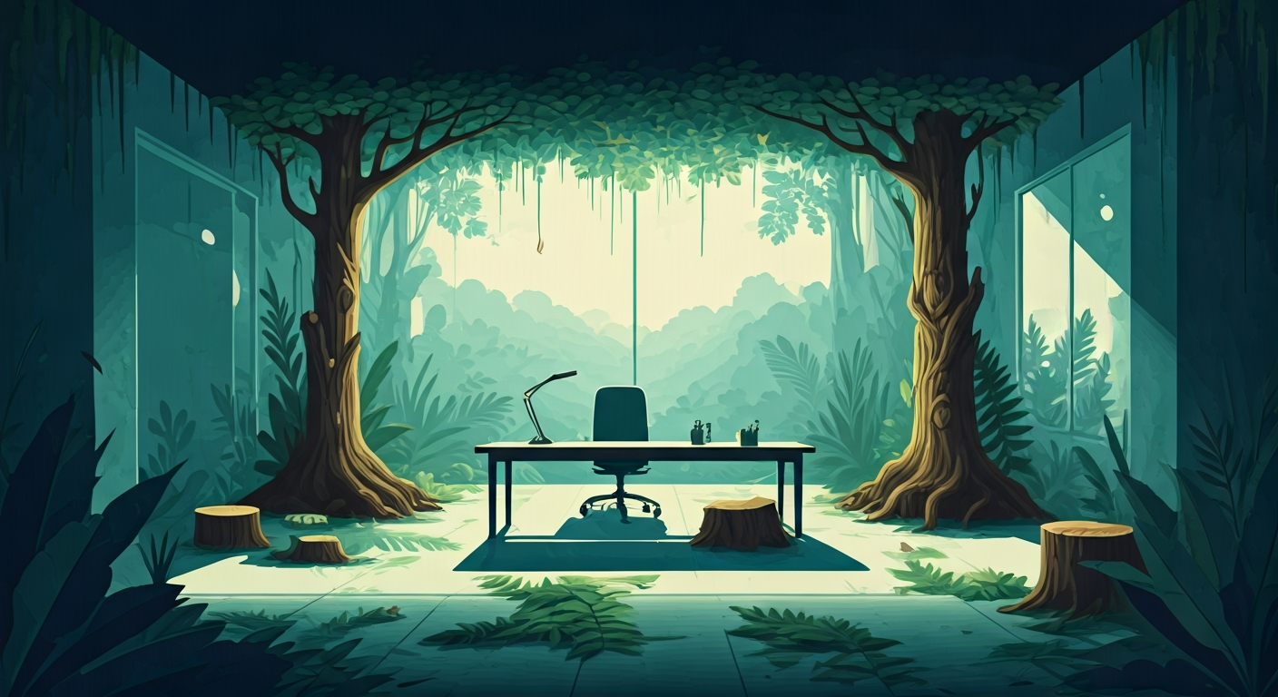 A landscape with two paths diverging — one marked with a dollar symbol, one with a compass — a figure pausing at the junction — flat editorial illustration