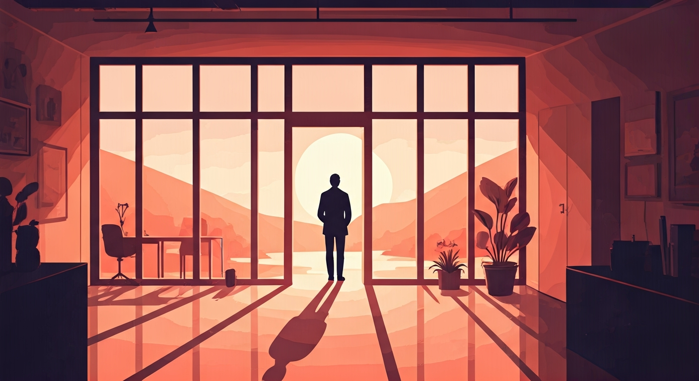 A person's abstract silhouette subtly shifting their demeanor or 'aura' as they move between two distinct but equally calm and professional environments, like a quiet office and a collaborative meeting space, illustrating how context influences expression