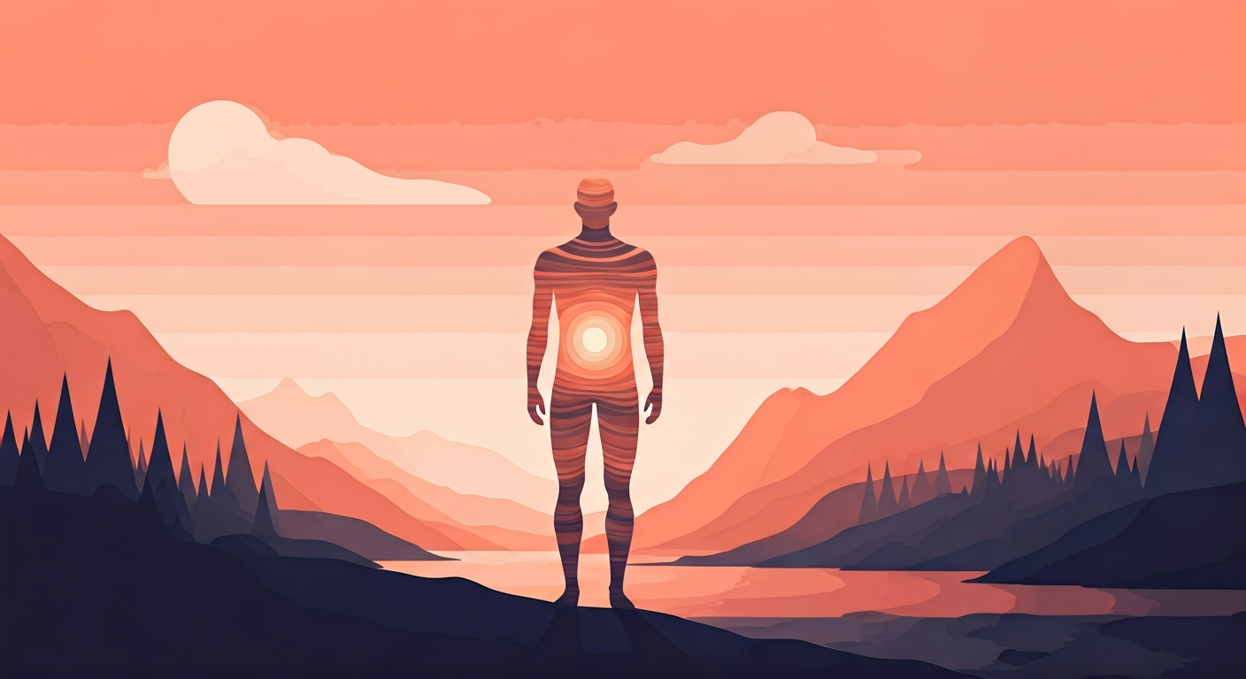 A stylized, abstract representation of a human figure evolving over time, perhaps depicted with layers or growth rings like a tree, showing subtle changes and development through different life stages, without depicting specific age or detailed features